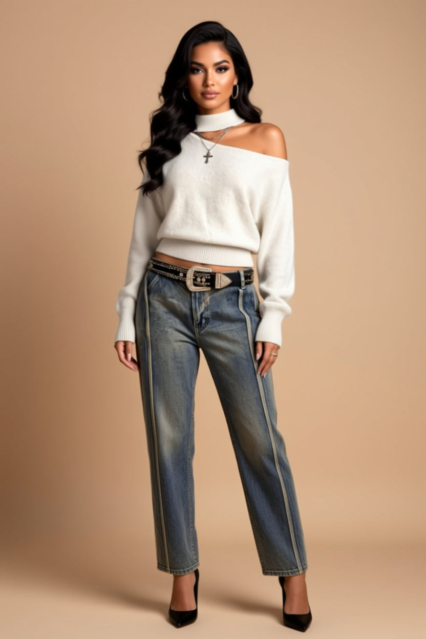 Asymmetrical Cutout Mock-Neck Long-Sleeve Knit Sweater