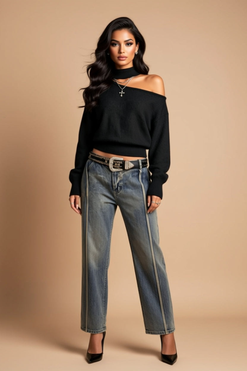Asymmetrical Cutout Mock-Neck Long-Sleeve Knit Sweater