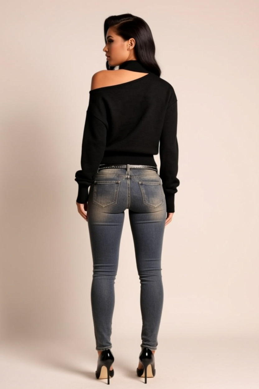 Asymmetrical Cutout Mock-Neck Long-Sleeve Knit Sweater