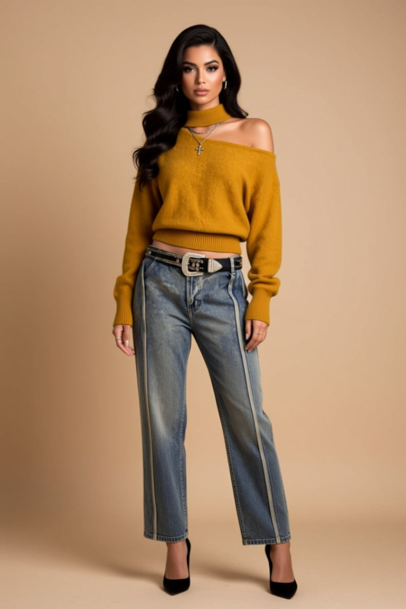 Asymmetrical Cutout Mock-Neck Long-Sleeve Knit Sweater