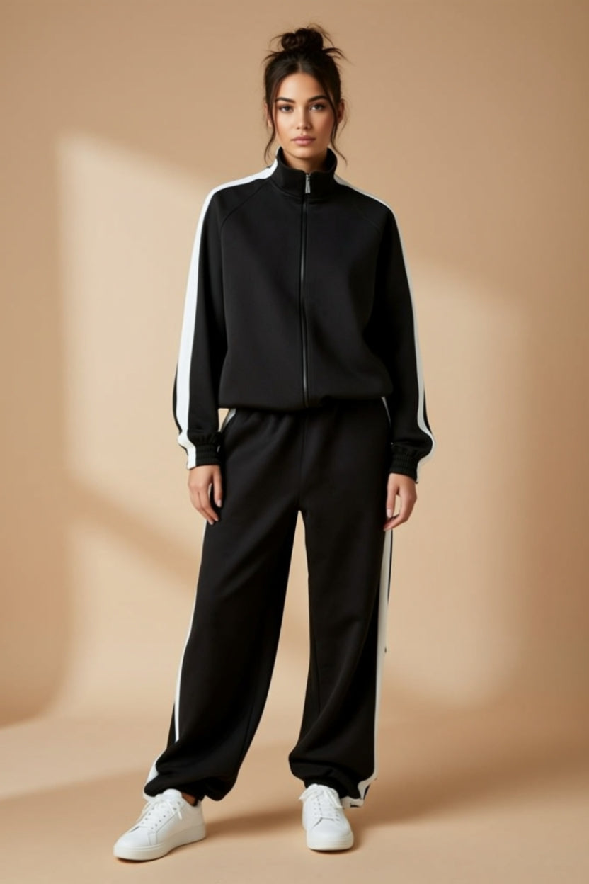 Side-Stripe Zip-Up Jacket and Wide-Leg Pants Two-Piece Set