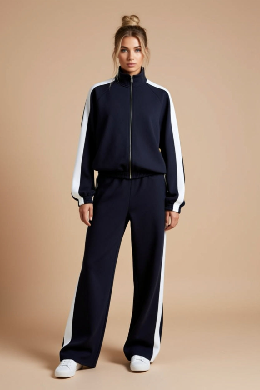Side-Stripe Zip-Up Jacket and Wide-Leg Pants Two-Piece Set