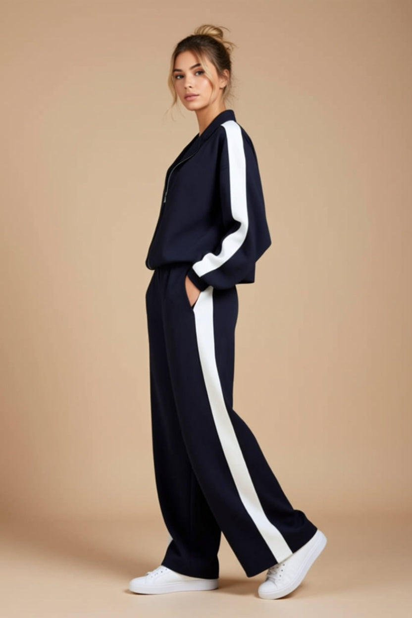 Side-Stripe Zip-Up Jacket and Wide-Leg Pants Two-Piece Set