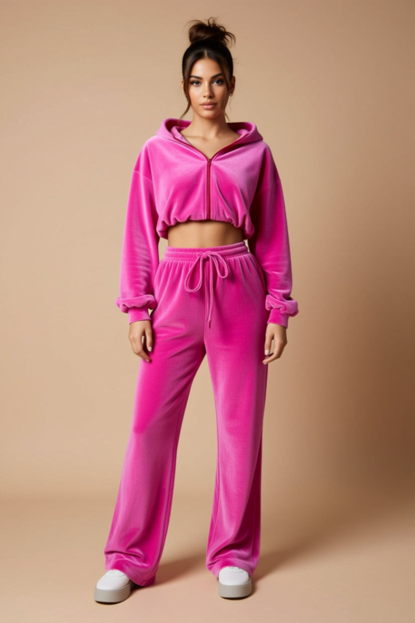 Cropped Zip-Up Hoodie and Wide-Leg Drawstring Pants Two-Piece Set