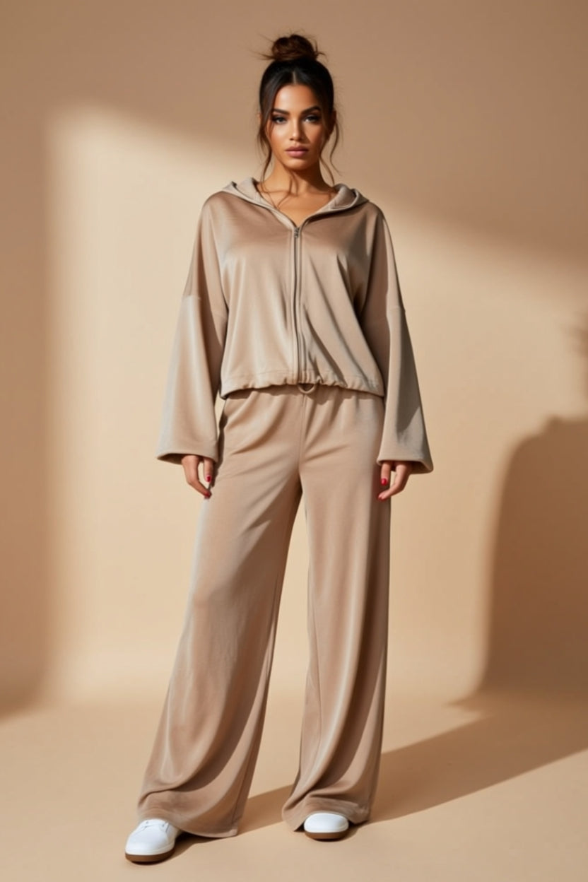 Cropped Zip-Up Hoodie and Wide-Leg Drawstring Pants Two-Piece Set
