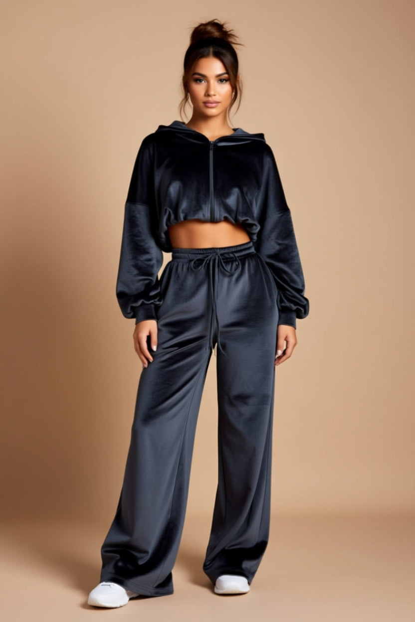 Cropped Zip-Up Hoodie and Wide-Leg Drawstring Pants Two-Piece Set