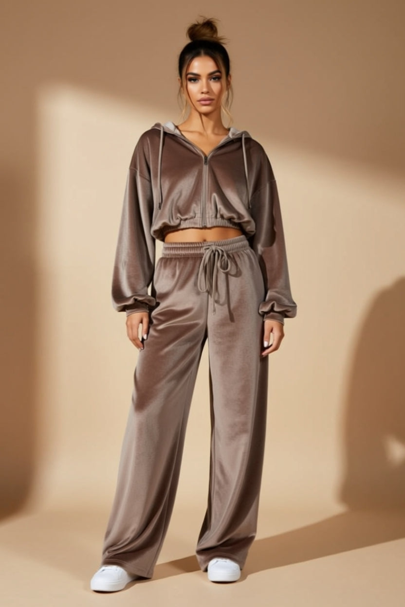 Cropped Zip-Up Hoodie and Wide-Leg Drawstring Pants Two-Piece Set