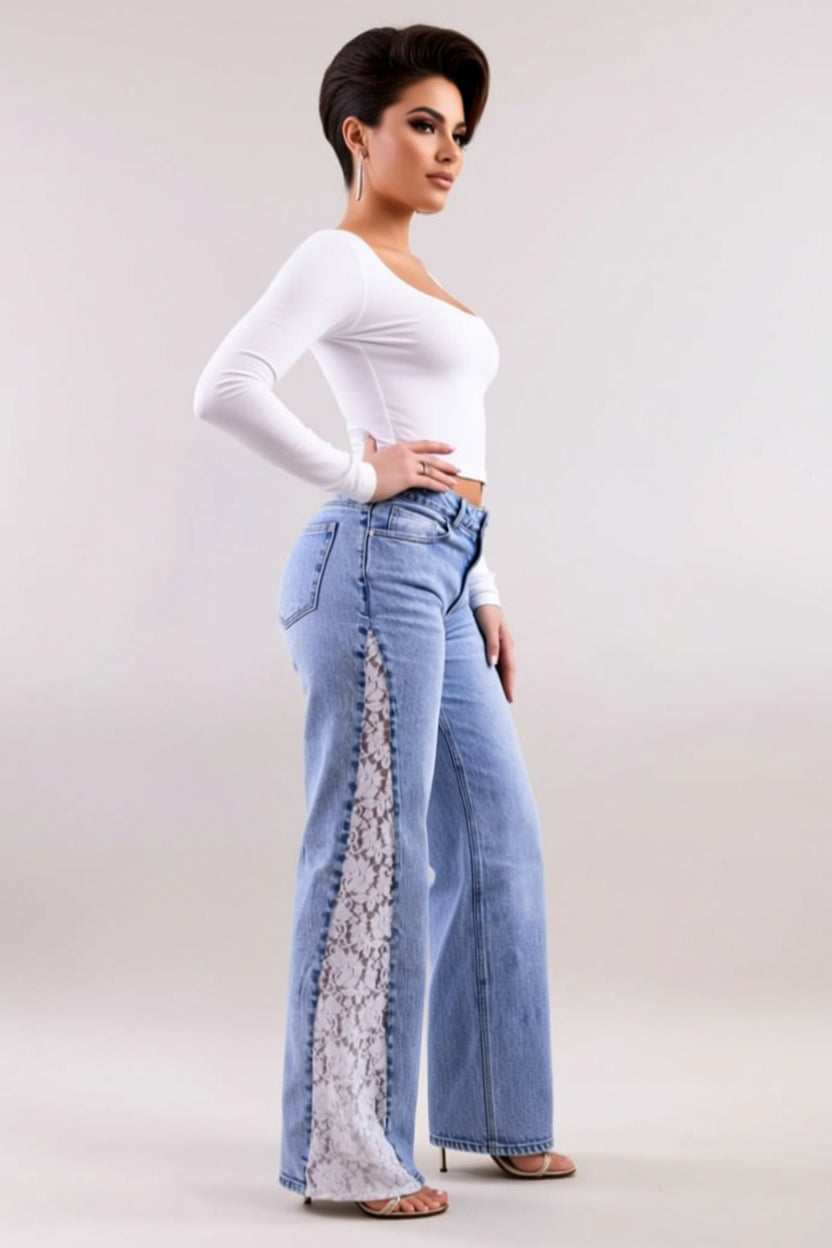Light-Wash High-Waisted Wide-Leg Jeans with Lace Side Panels