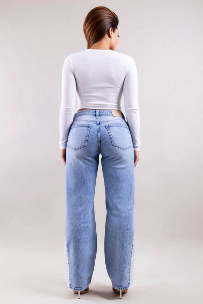 Light-Wash High-Waisted Wide-Leg Jeans with Lace Side Panels