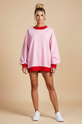 Pink and Red Color-Block Oversized Crewneck Sweatshirt