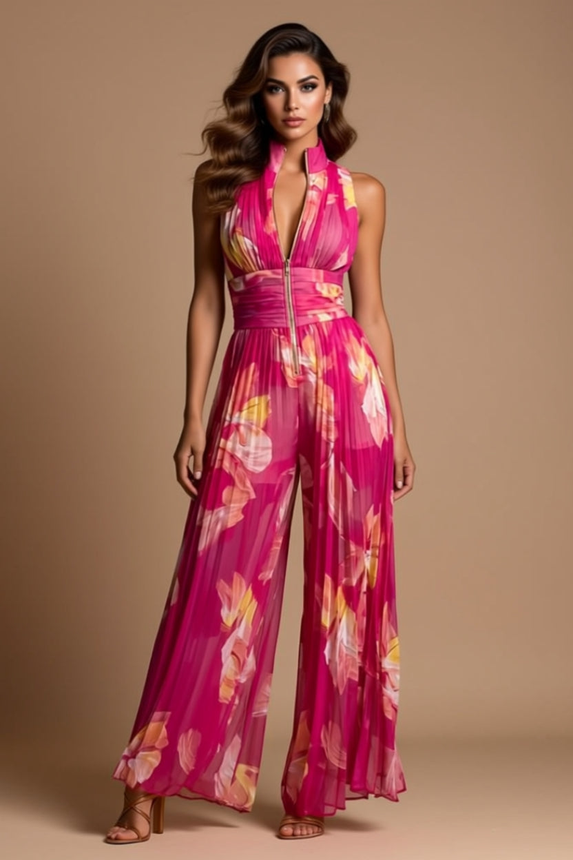 Ruched Zip-Front Halter Wide-Leg Jumpsuit
