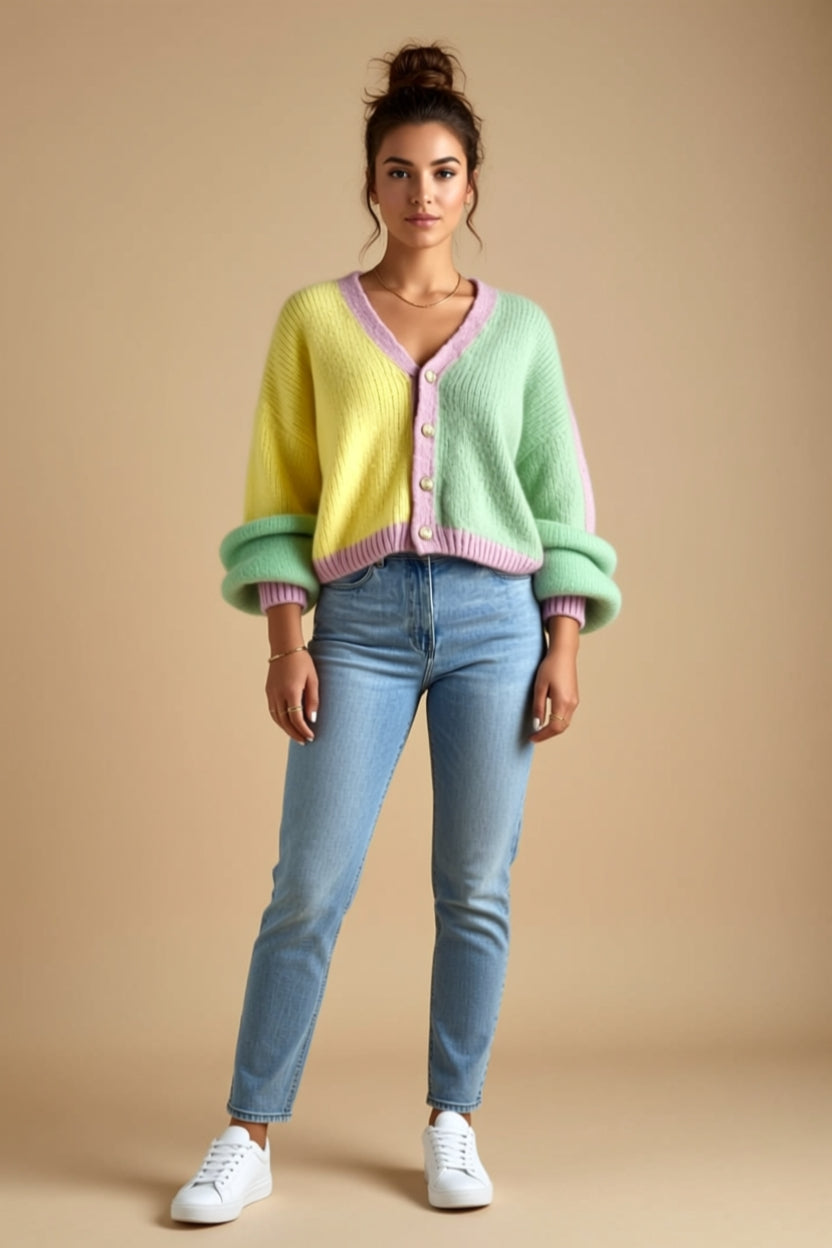 Pastel Color-Block Button-Front V-Neck Cardigan