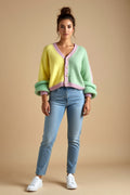 Pastel Color-Block Button-Front V-Neck Cardigan