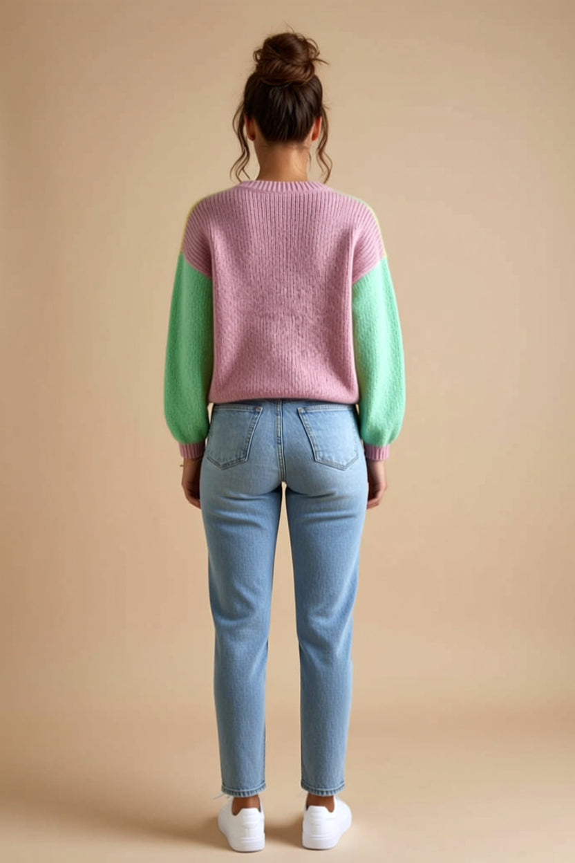 Pastel Color-Block Button-Front V-Neck Cardigan