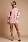 Oversized Mock-Neck Fringe-Hem Sweatshirt Mini Dress with Pockets