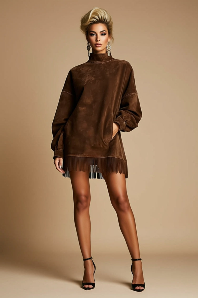 Oversized Mock-Neck Fringe-Hem Sweatshirt Mini Dress with Pockets
