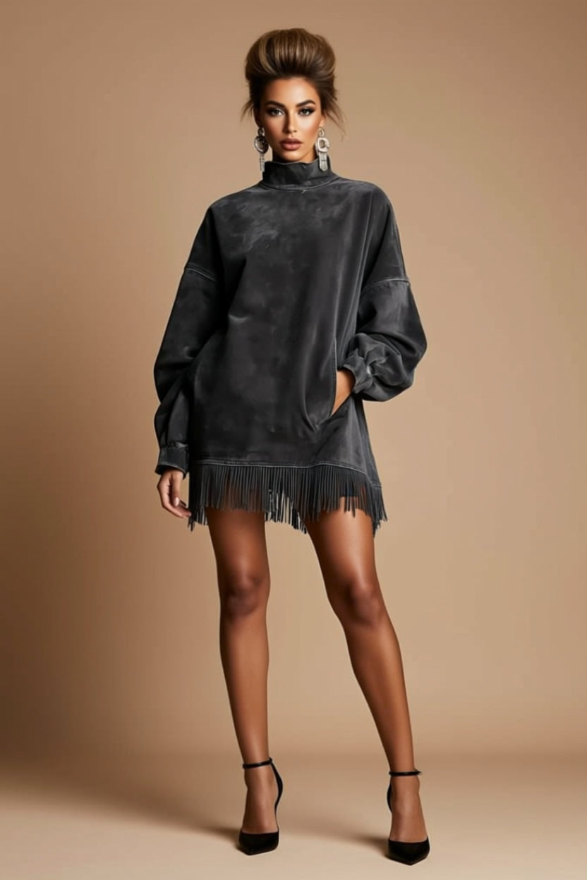 Oversized Mock-Neck Fringe-Hem Sweatshirt Mini Dress with Pockets