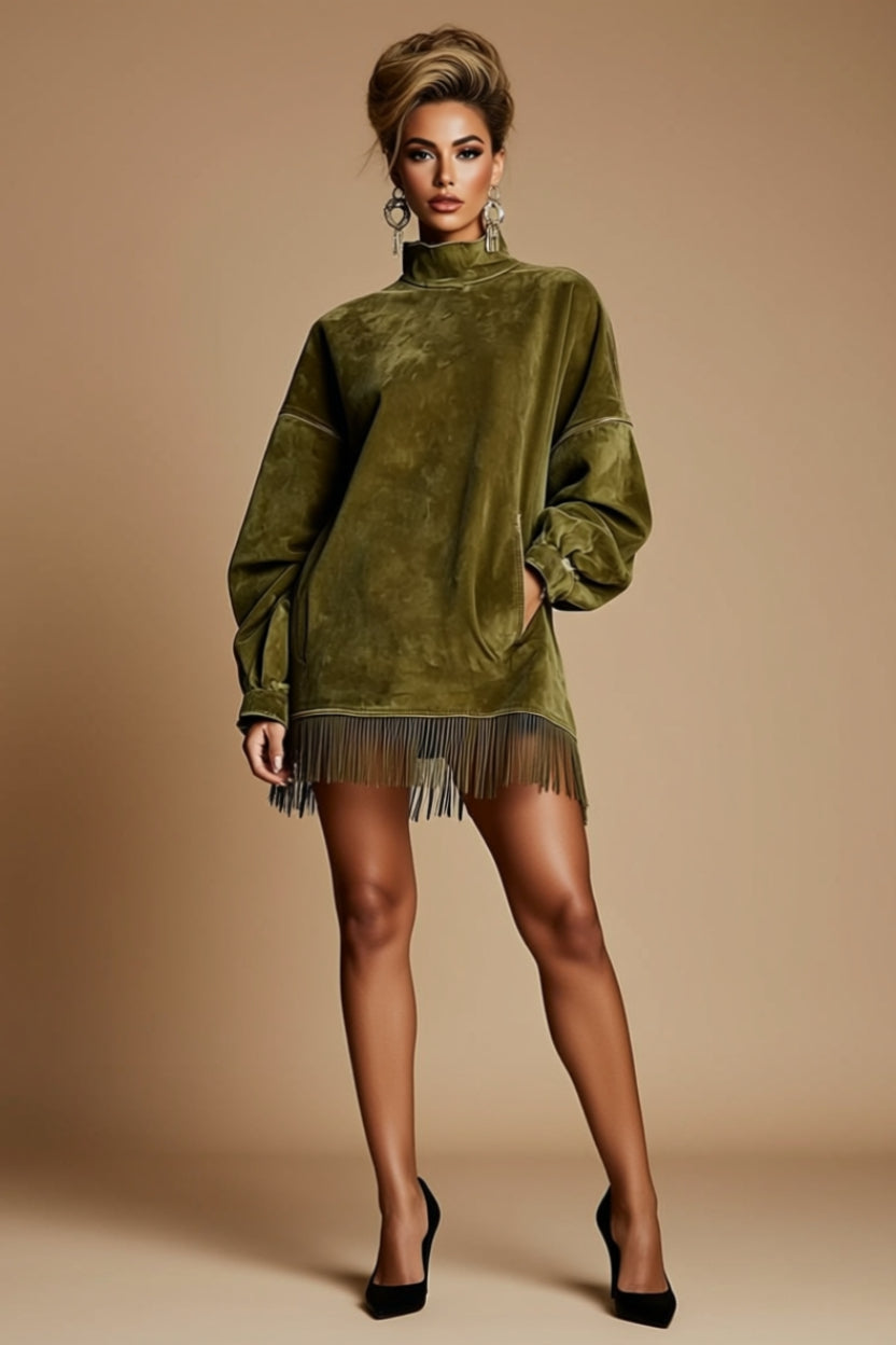 Oversized Mock-Neck Fringe-Hem Sweatshirt Mini Dress with Pockets