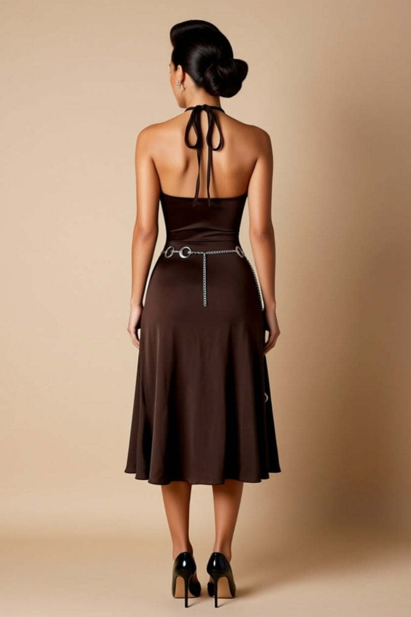 Tie-Back Halter Double-Slit Stretch Midi Dress