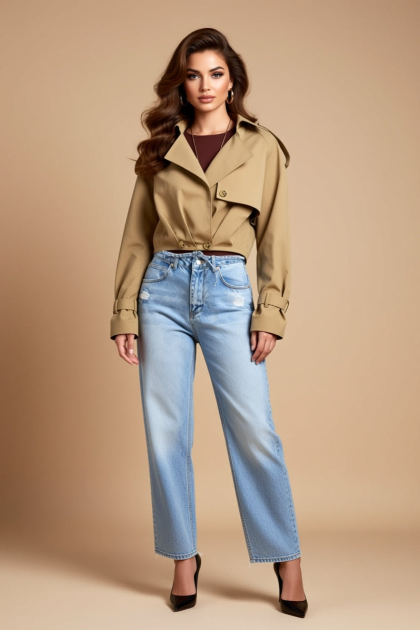 Asymmetrical Cropped Trench Jacket with Decorative Buttons