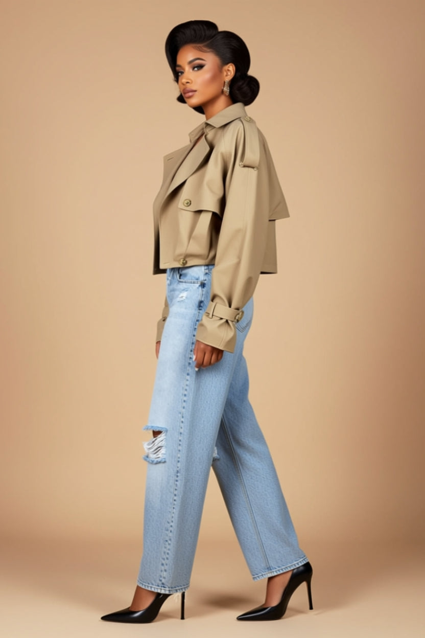 Asymmetrical Cropped Trench Jacket with Decorative Buttons