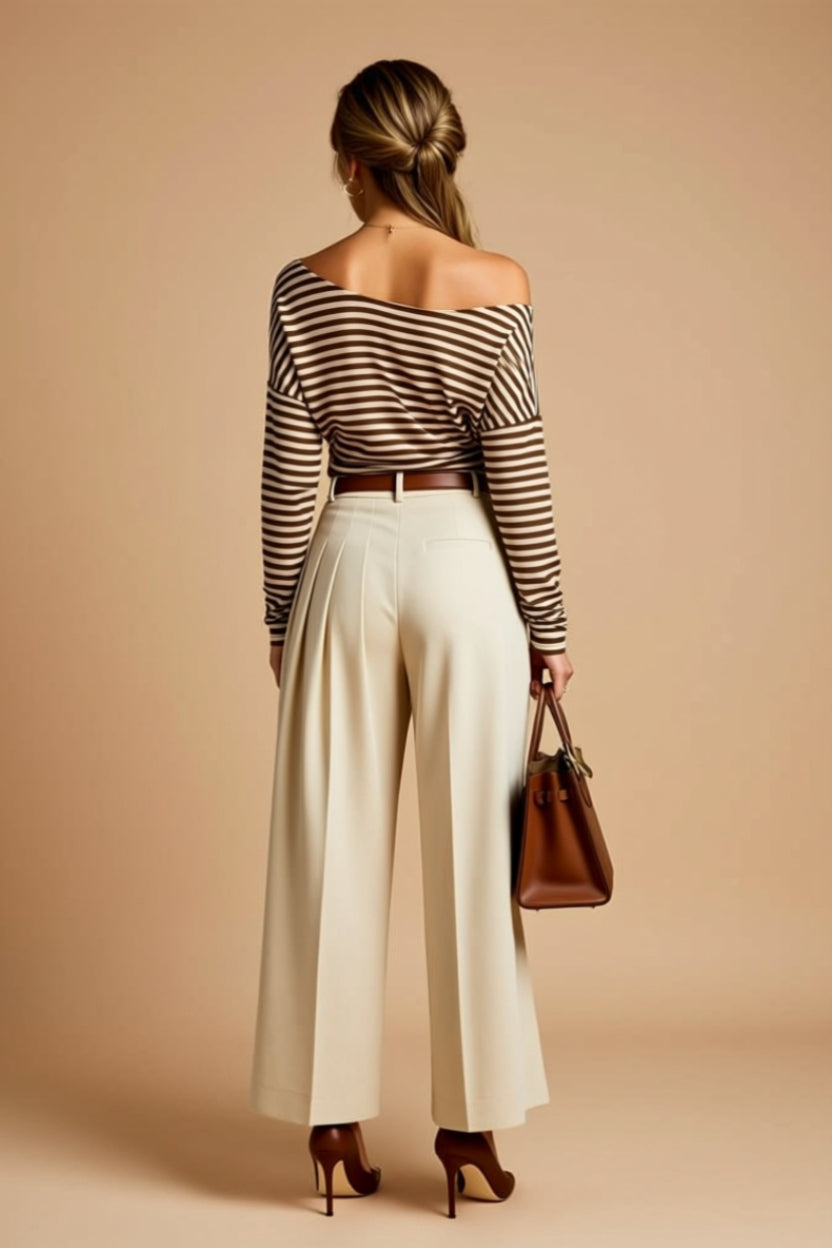 Brown and White Striped Asymmetrical Long-Sleeve Top