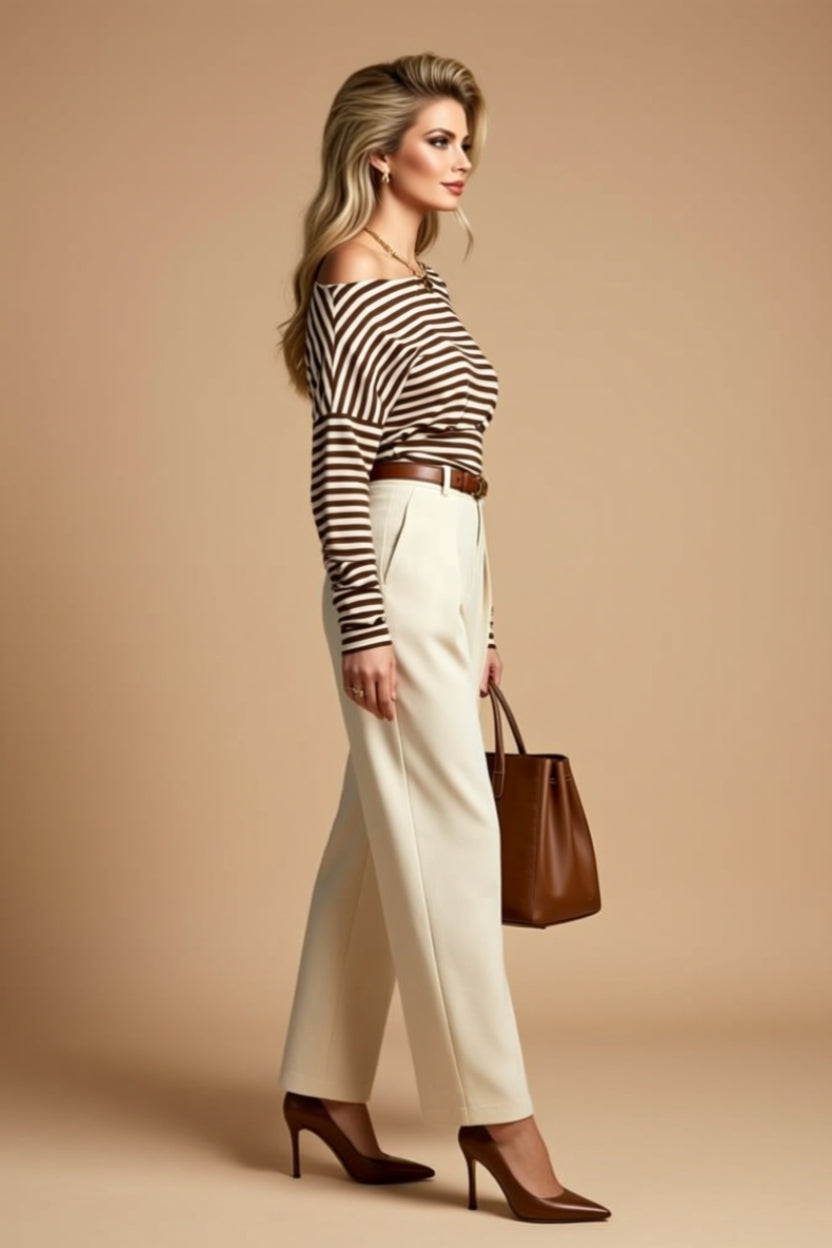 Brown and White Striped Asymmetrical Long-Sleeve Top