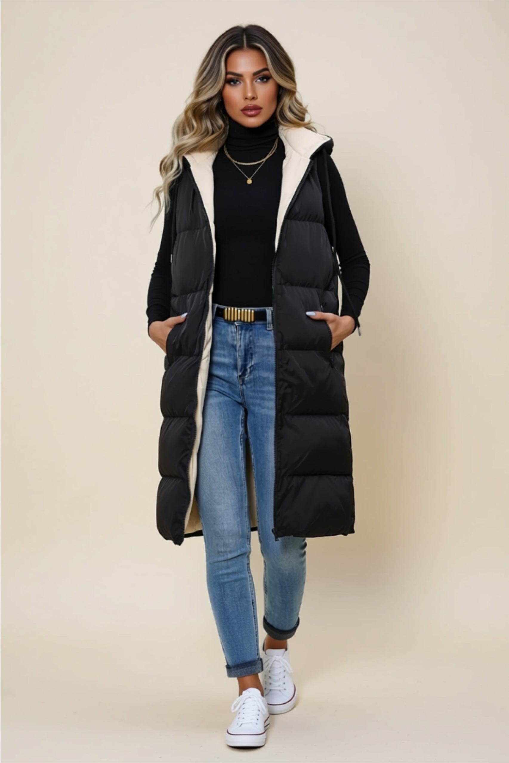 Longline Zip-Up Puffer Vest with Hood & Pockets