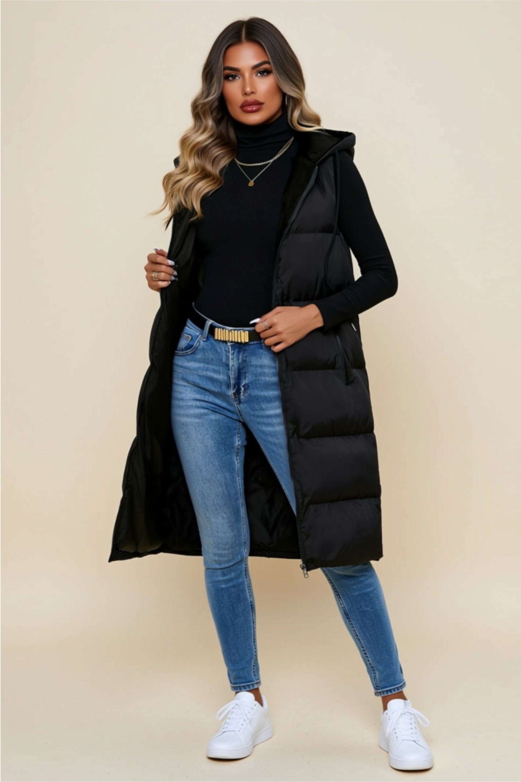 Longline Zip-Up Puffer Vest with Hood & Pockets