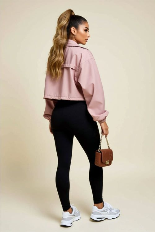 Cropped Utility Jacket with Zipper, Buttons & Drawstring