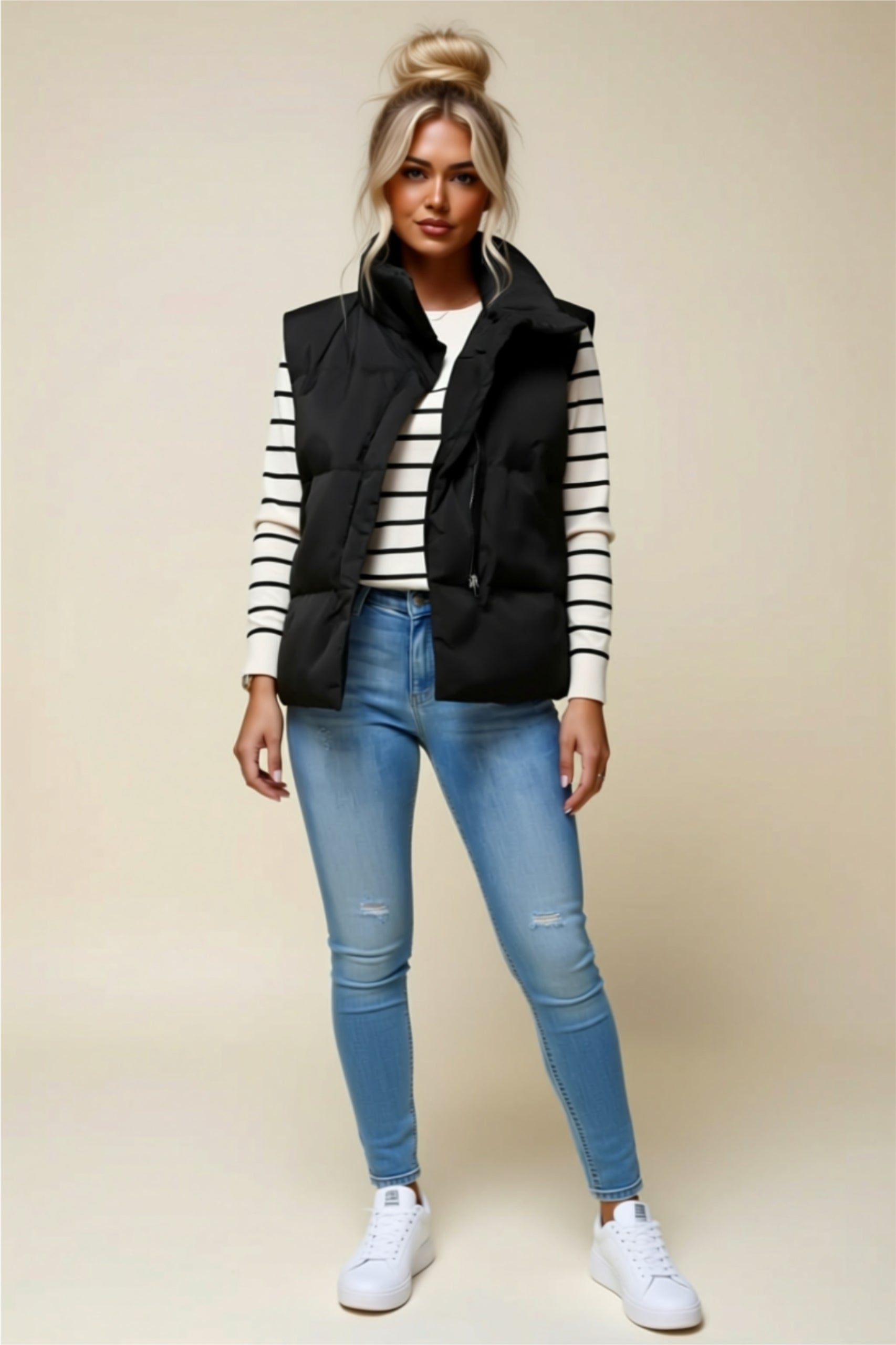 Zip-Up Puffer Vest with High Collar & Pockets