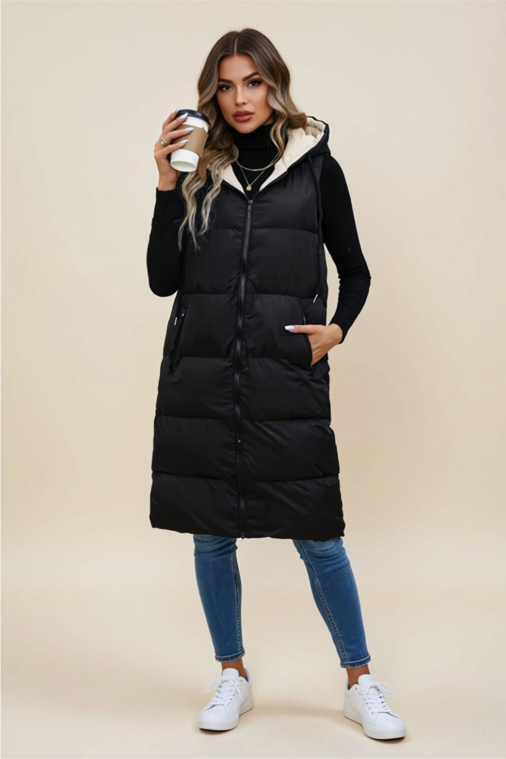 Longline Zip-Up Puffer Vest with Hood & Pockets