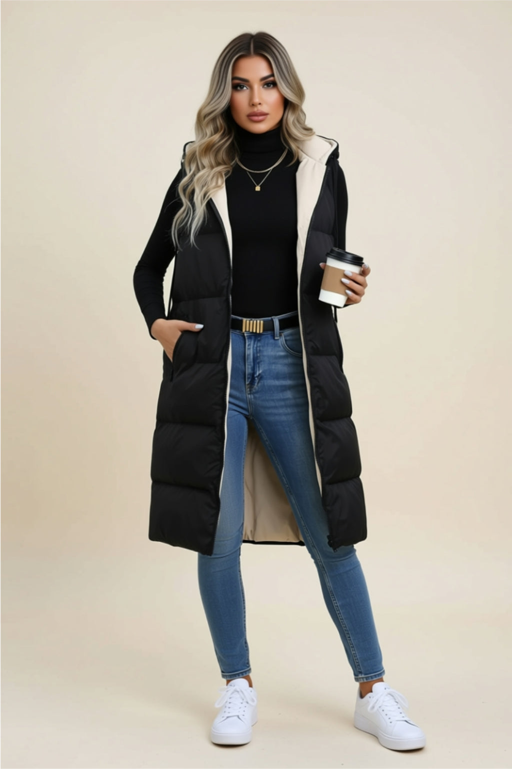 Longline Zip-Up Puffer Vest with Hood & Pockets