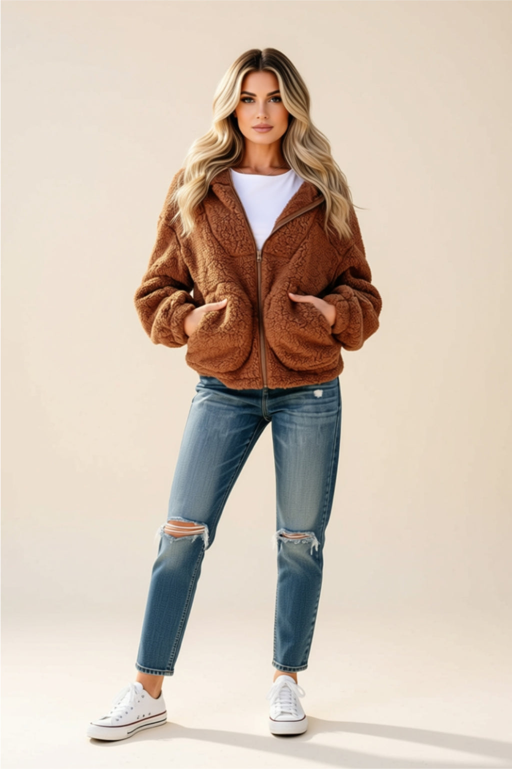 Brown Sherpa Zip-Up Jacket with Pockets