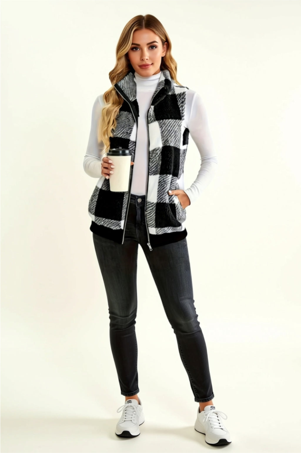 Buffalo Plaid Zip-Up Vest with Pockets