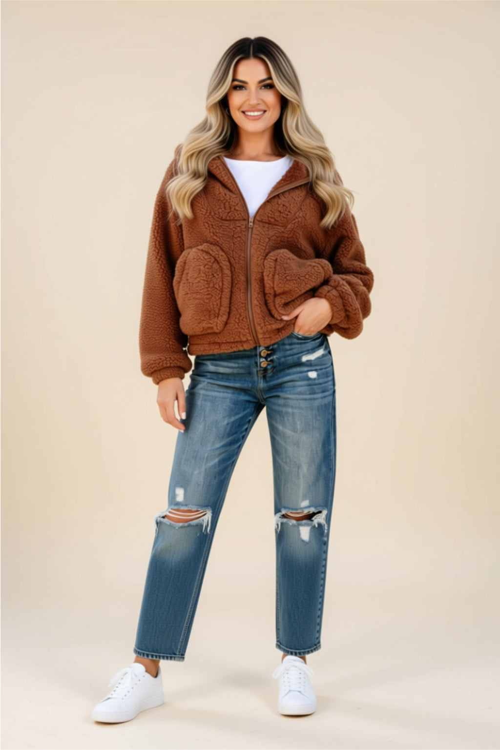 Brown Sherpa Zip-Up Jacket with Pockets