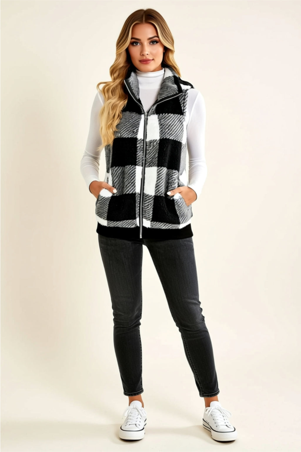 Buffalo Plaid Zip-Up Vest with Pockets