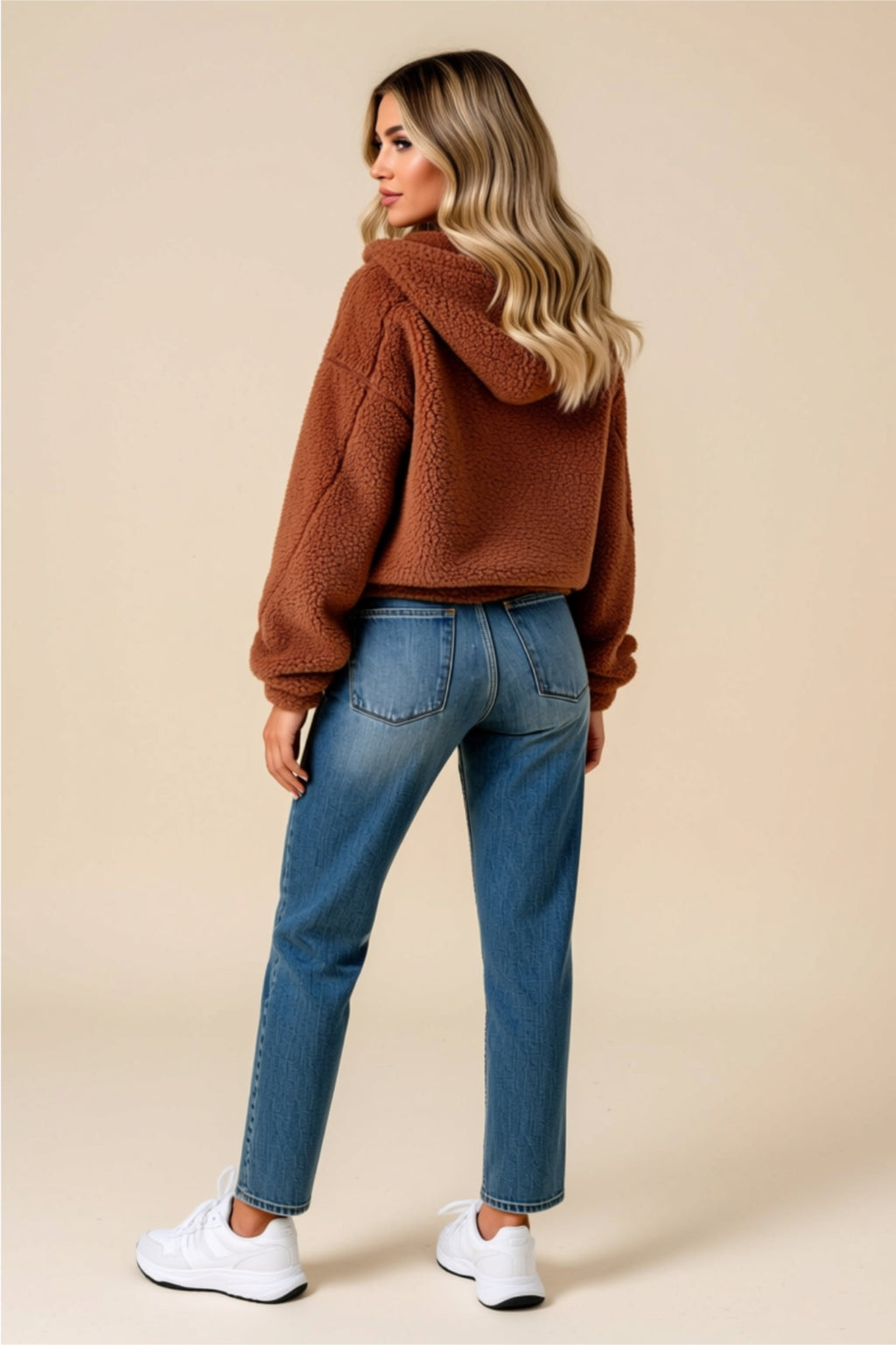 Brown Sherpa Zip-Up Jacket with Pockets