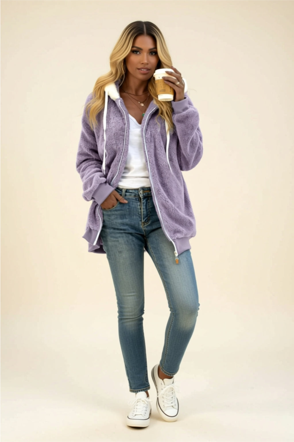 Fleece Zip-Up Hoodie with Drawstring