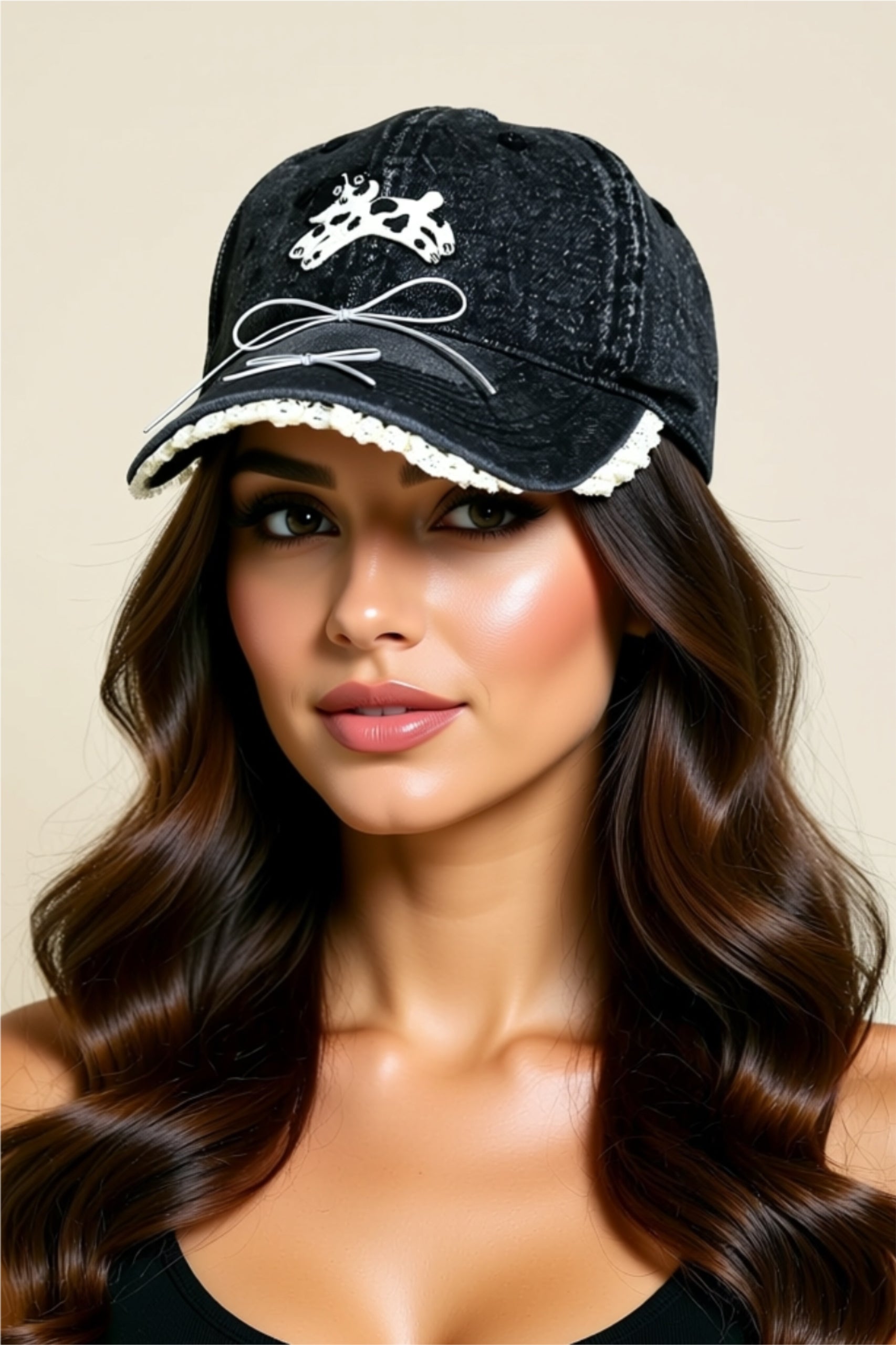 Denim Baseball Cap with Dog Bow Embroidery