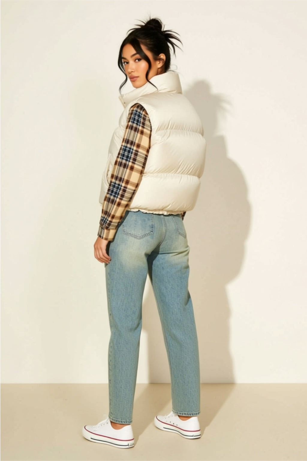 Ivory Puffer Vest with High Collar & Snap Buttons