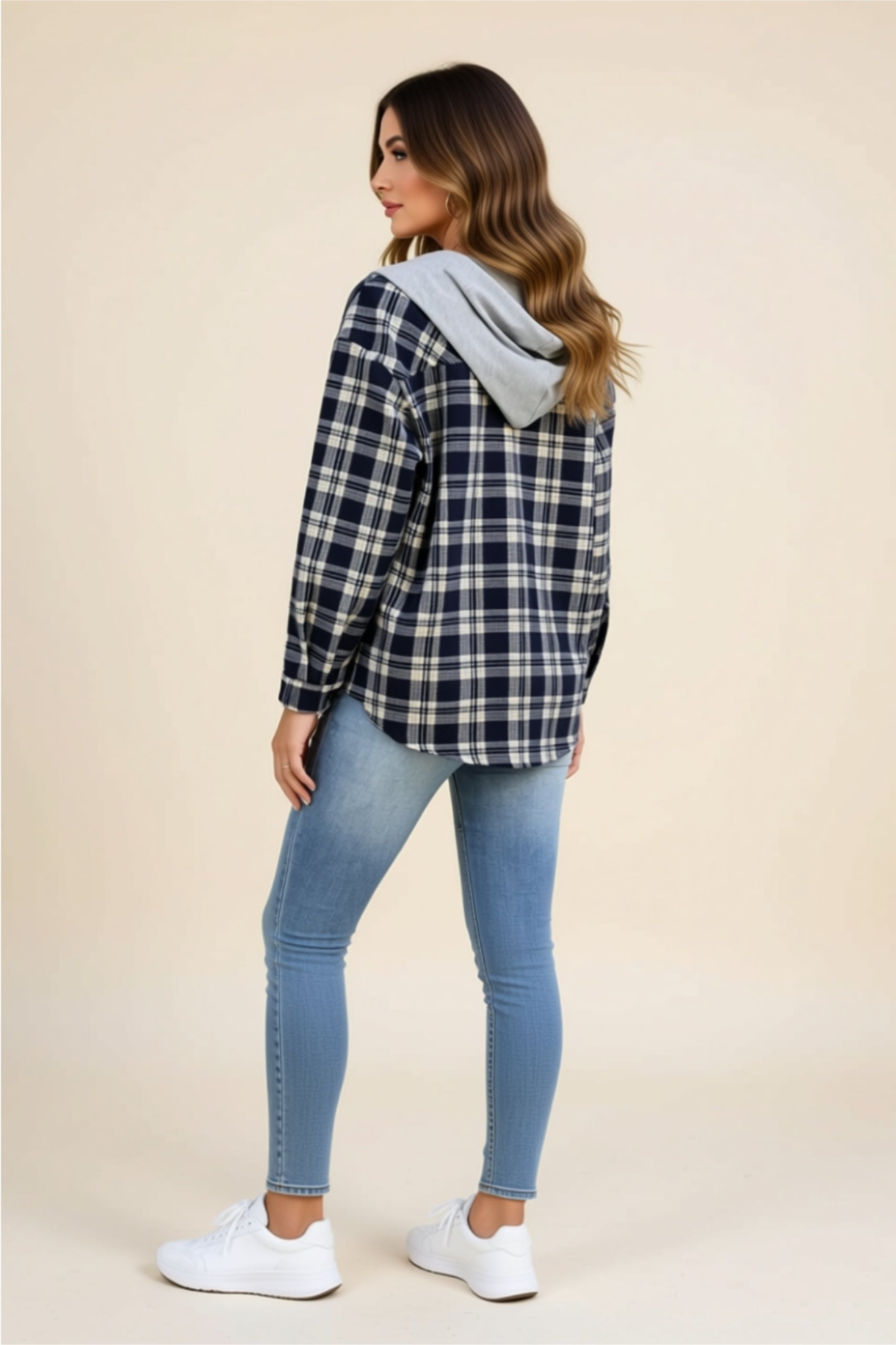 Plaid Button-Up Hooded Jacket with Drawstring & Pockets