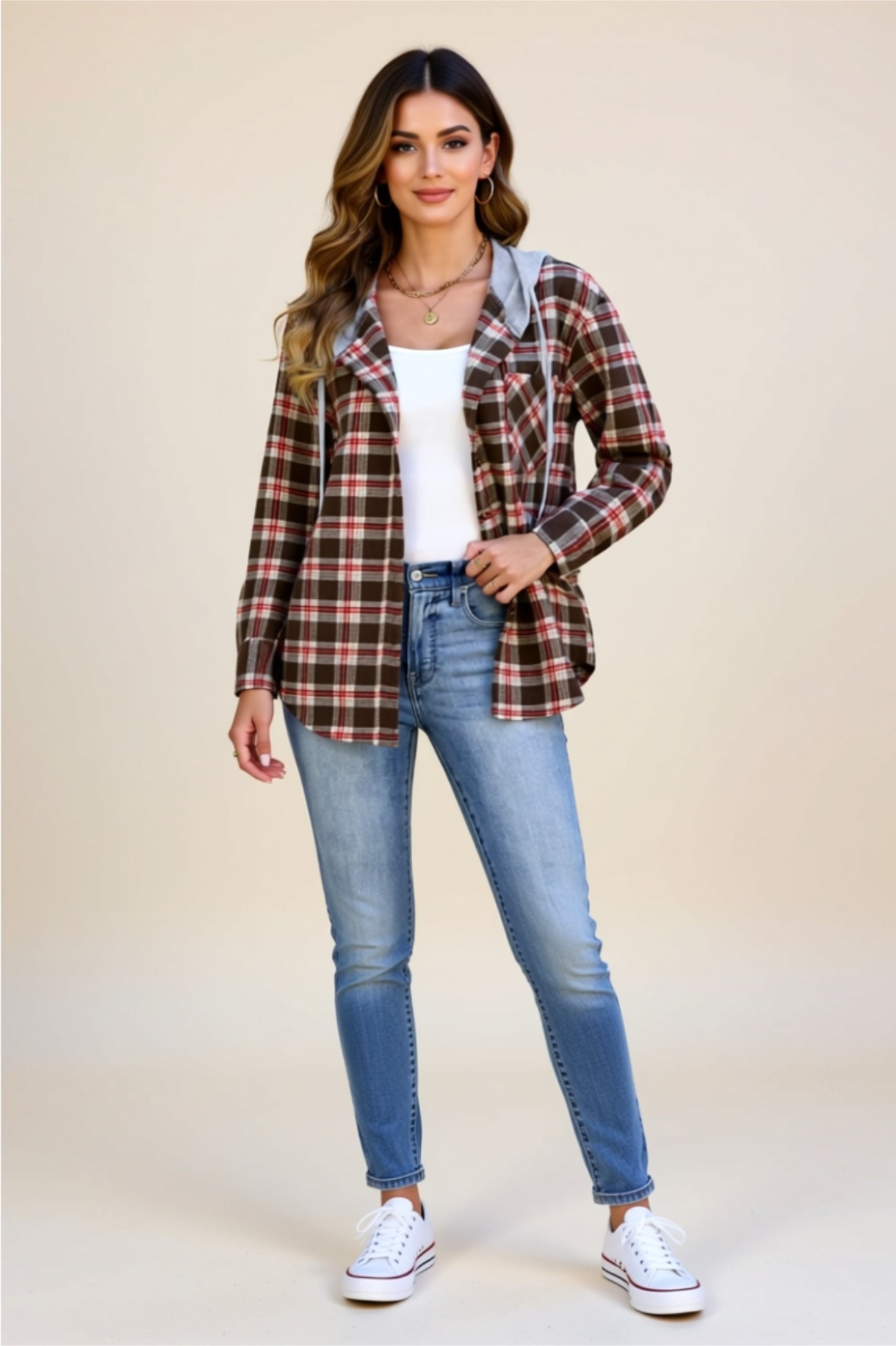 Plaid Button-Up Hooded Jacket with Drawstring & Pockets
