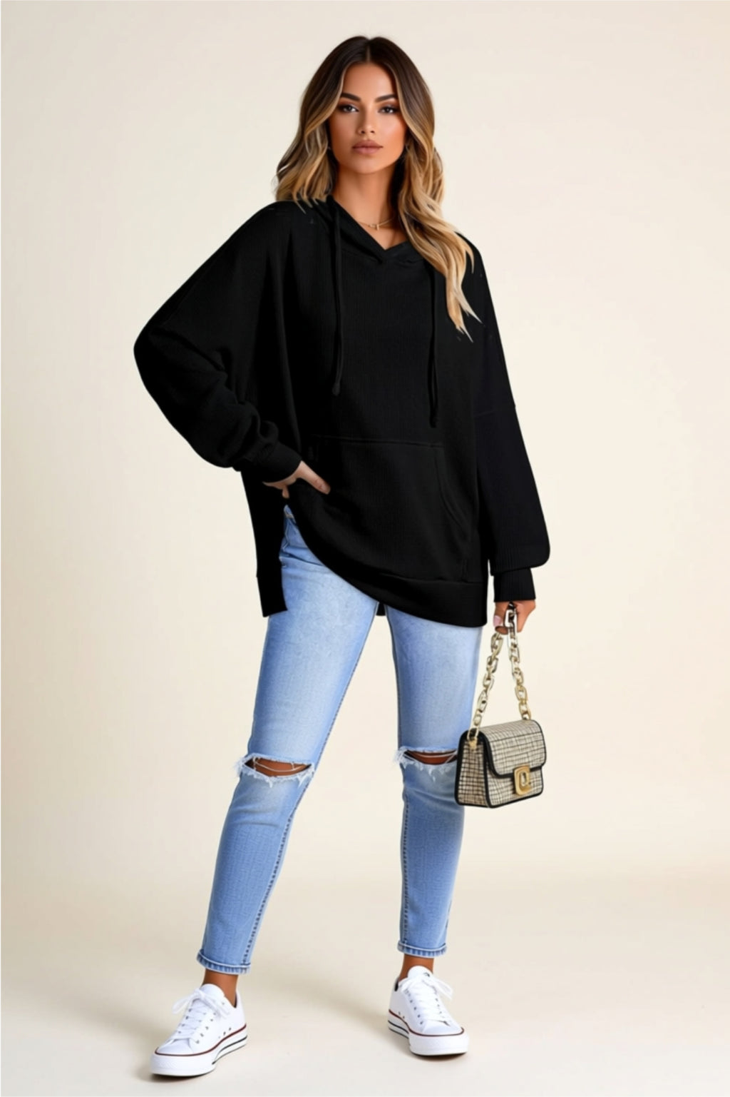Oversized Drawstring Hoodie with Kangaroo Pocket
