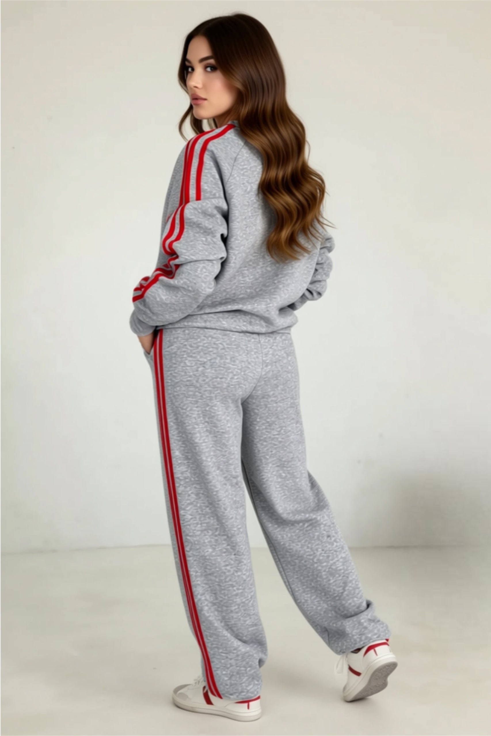 Gray Two-Piece Lounge Set with Red Side Stripes