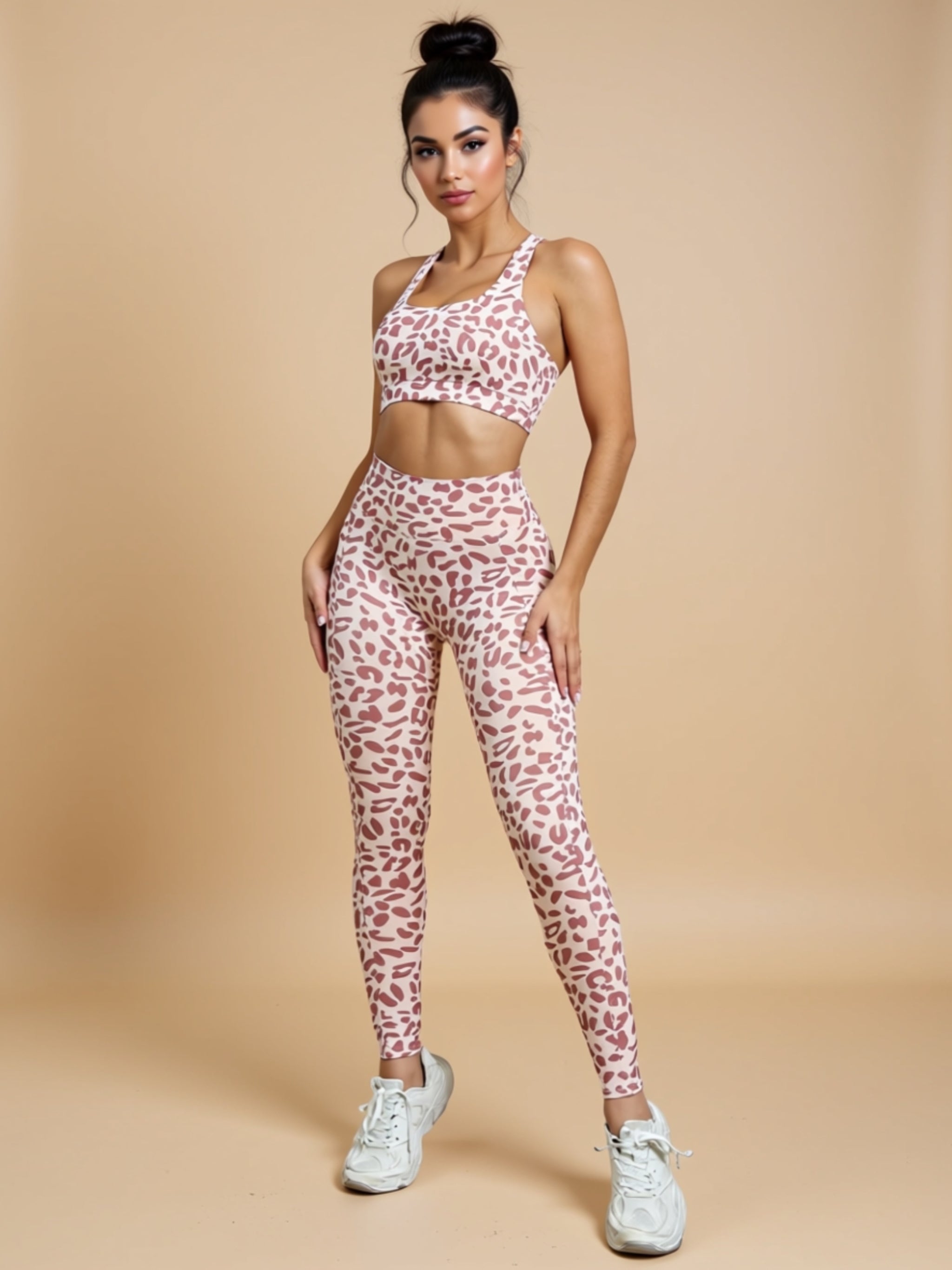 Sporty Leopard Print Knit Activewear Set