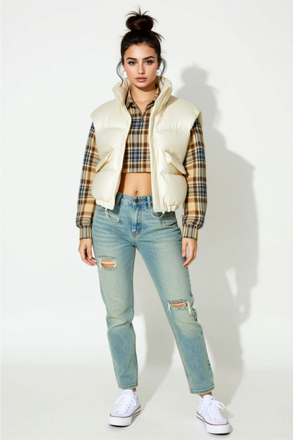 Ivory Puffer Vest with High Collar & Snap Buttons