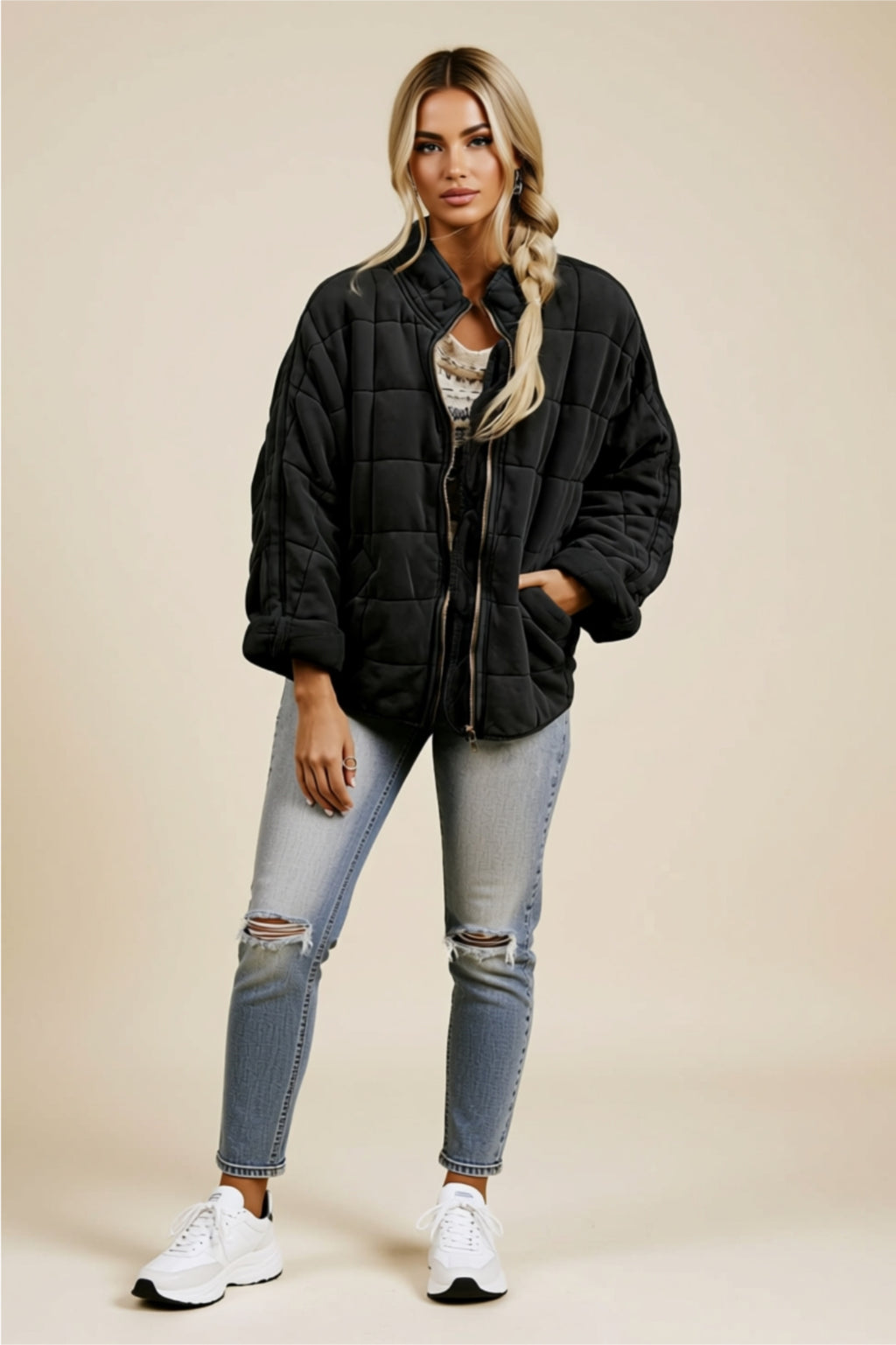 Oversized Quilted Zip-Up Jacket with Pockets