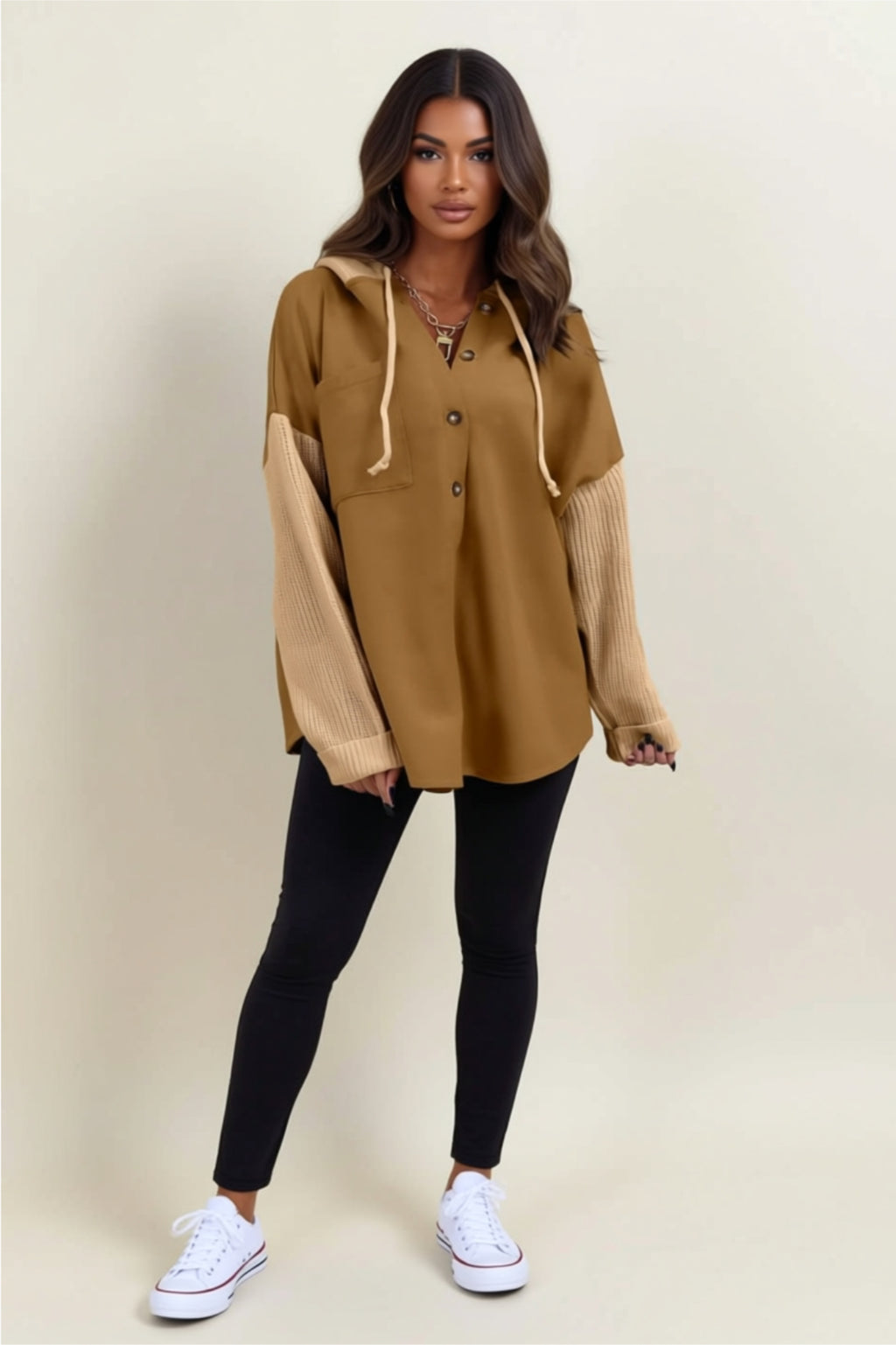 Oversized Buttoned Hoodie with Drawstring & Pockets