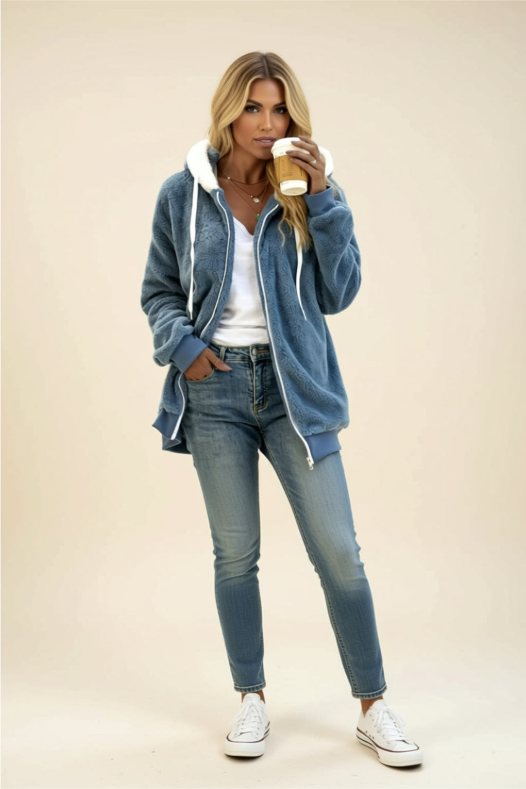 Fleece Zip-Up Hoodie with Drawstring